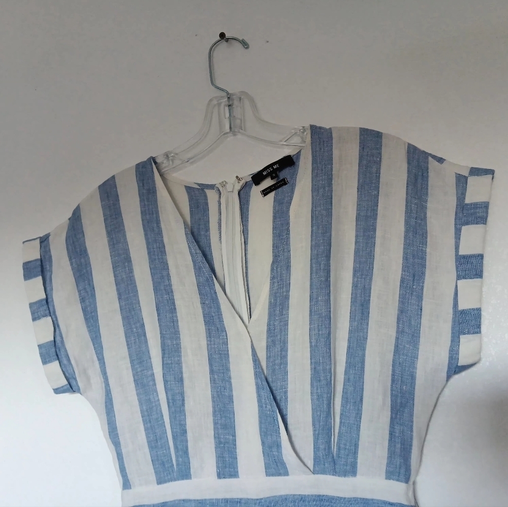 Miss Me jumpsuit Striped Linen White Blue pockets Summer Beach Vacation sz S - Picture 6 of 16